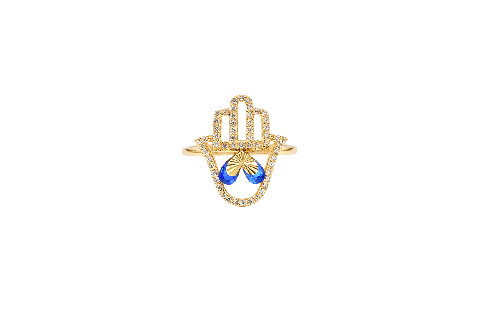 14KT Gold Ring Women's Hand 2 Navy Blue Pear Center CZ Stones with White CZ Stones Borders and Plain Band