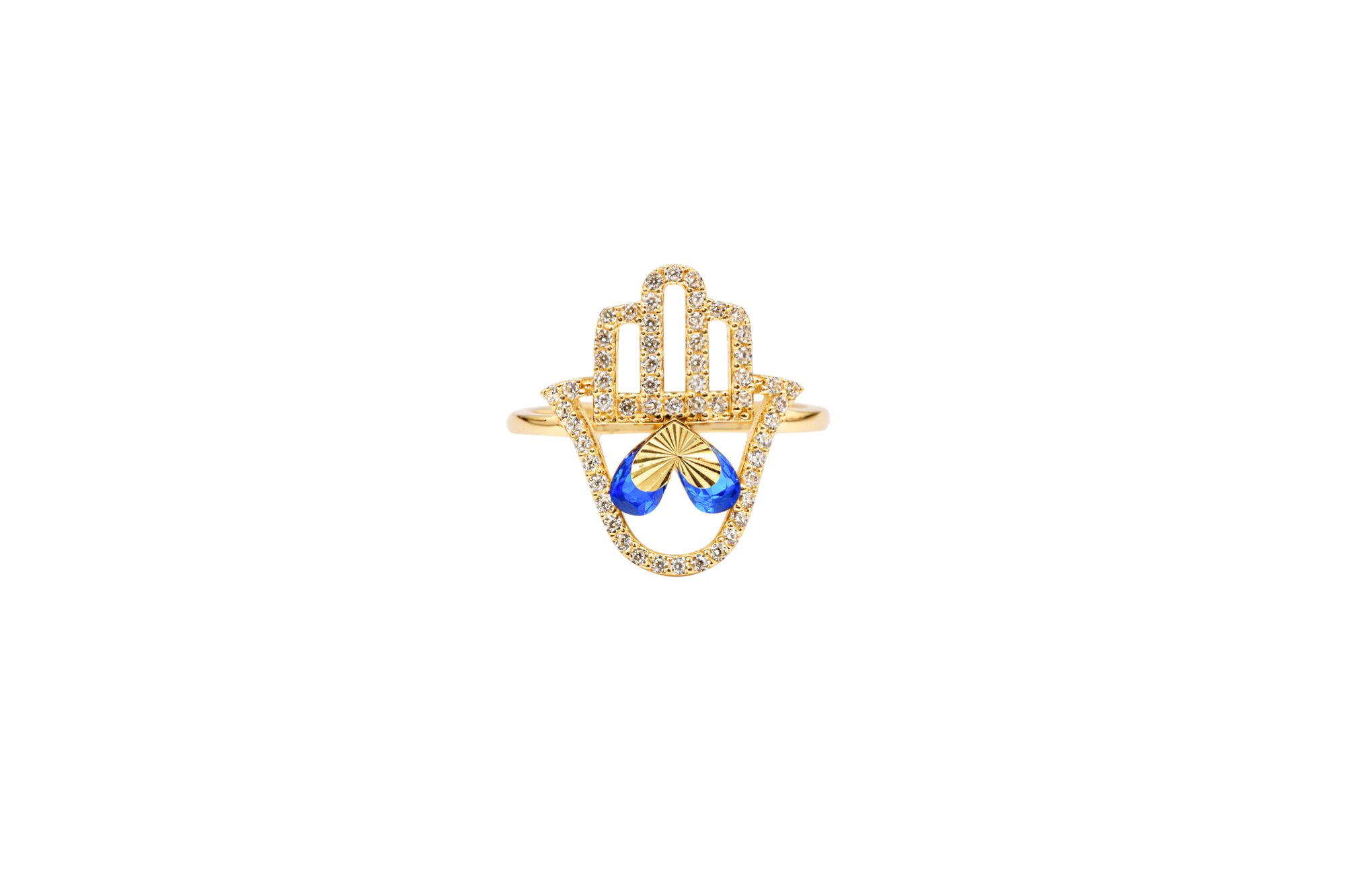14KT Gold Ring Women's Hand 2 Navy Blue Pear Center CZ Stones with White CZ Stones Borders and Plain Band