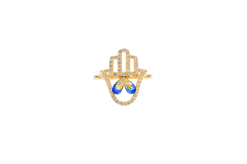 14KT Gold Ring Women's Hand 2 Navy Blue Pear Center CZ Stones with White CZ Stones Borders and Plain Band
