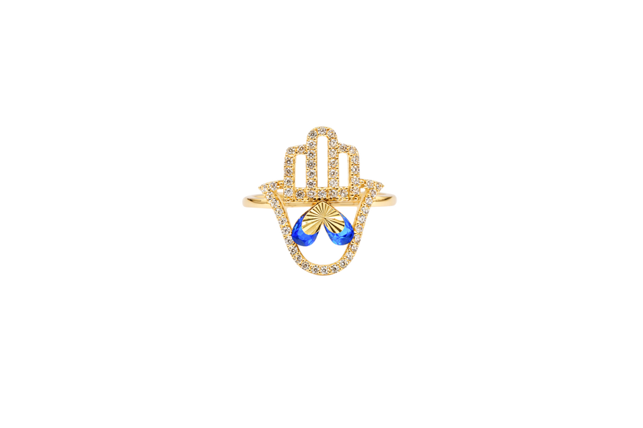 14KT Gold Ring Women's Hand 2 Navy Blue Pear Center CZ Stones with White CZ Stones Borders and Plain Band
