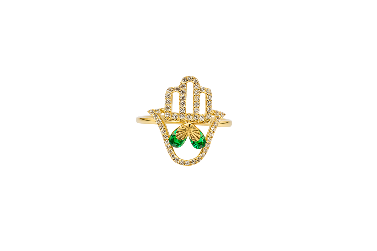 14KT Gold Ring Women's Hand 2 Dark Green Pear Center CZ Stones with White CZ Stones Borders and Plain Band
