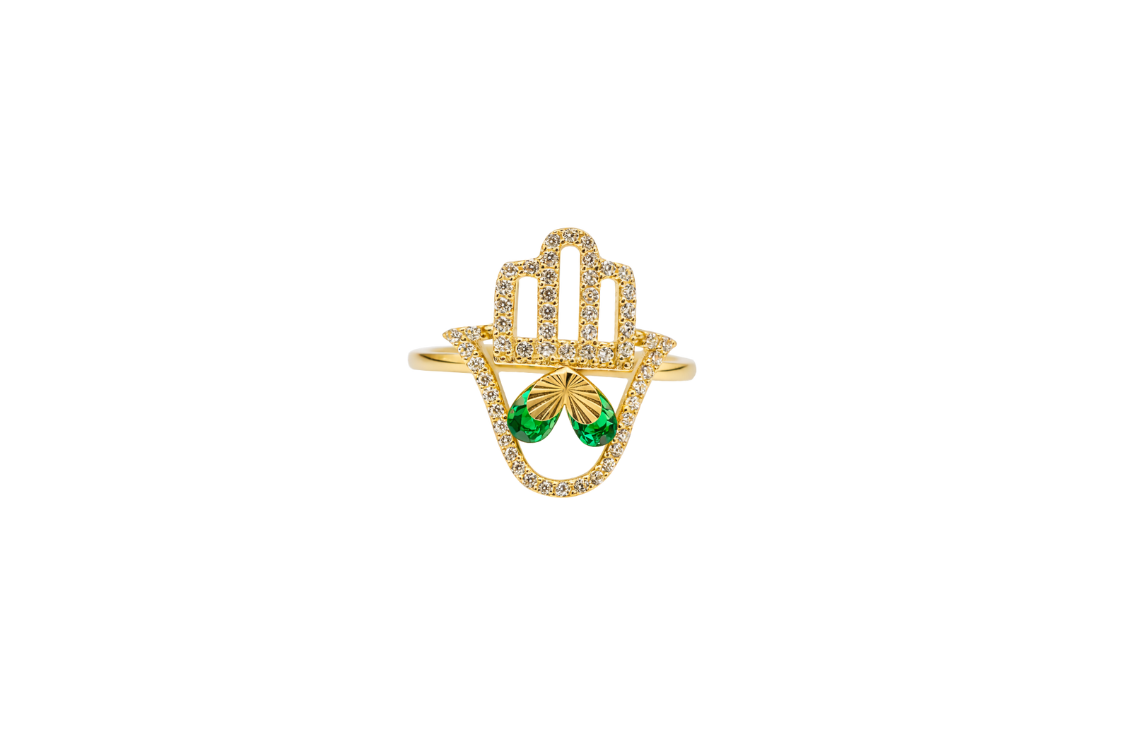 14KT Gold Ring Women's Hand 2 Dark Green Pear Center CZ Stones with White CZ Stones Borders and Plain Band