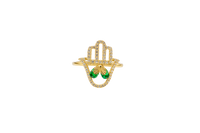 14KT Gold Ring Women's Hand 2 Dark Green Pear Center CZ Stones with White CZ Stones Borders and Plain Band