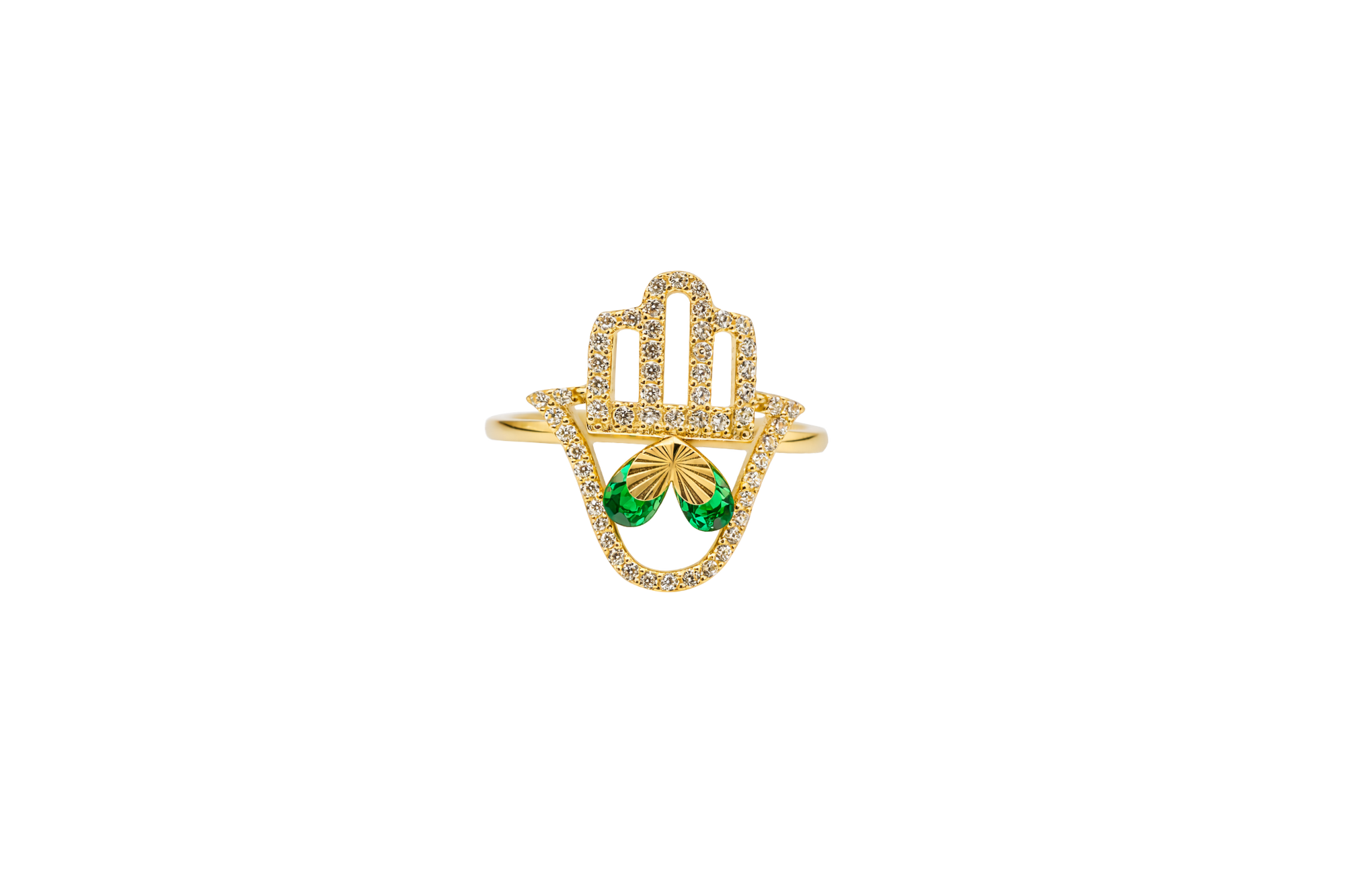 14KT Gold Ring Women's Hand 2 Dark Green Pear Center CZ Stones with White CZ Stones Borders and Plain Band