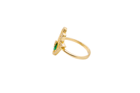 14KT Gold Ring Women's Hand 2 Dark Green Pear Center CZ Stones with White CZ Stones Borders and Plain Band
