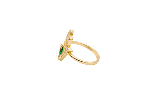 14KT Gold Ring Women's Hand 2 Dark Green Pear Center CZ Stones with White CZ Stones Borders and Plain Band