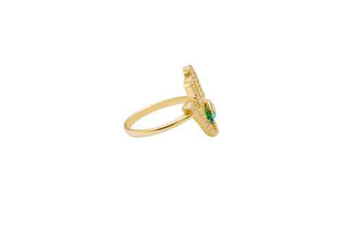 14KT Gold Ring Women's Hand 2 Dark Green Pear Center CZ Stones with White CZ Stones Borders and Plain Band