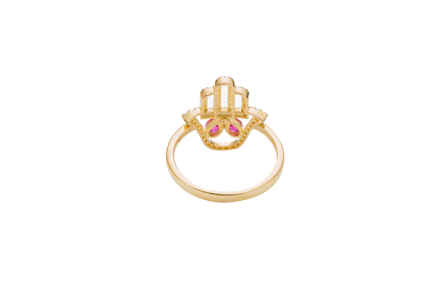 14KT Gold Ring Women's Hand 2 Red Pear Center CZ Stones with White CZ Stones Borders and Plain Band