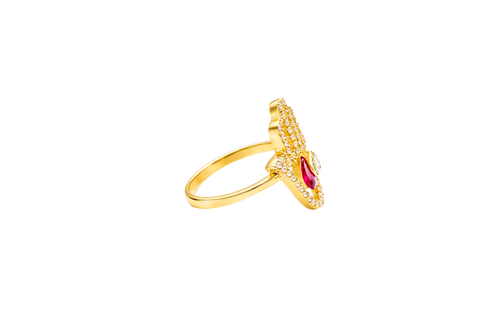 14KT Gold Ring Women's Hand 2 Red Pear Center CZ Stones with White CZ Stones Borders and Plain Band