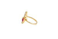 14KT Gold Ring Women's Hand 2 Red Pear Center CZ Stones with White CZ Stones Borders and Plain Band