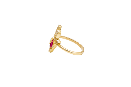 14KT Gold Ring Women's Hand 2 Red Pear Center CZ Stones with White CZ Stones Borders and Plain Band