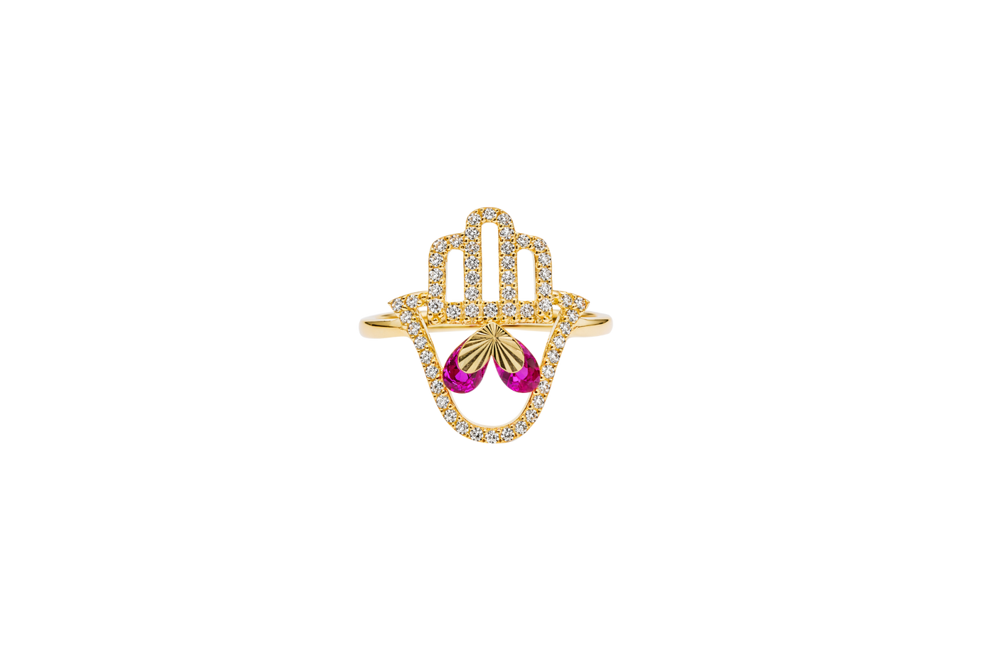 14KT Gold Ring Women's Hand 2 Red Pear Center CZ Stones with White CZ Stones Borders and Plain Band