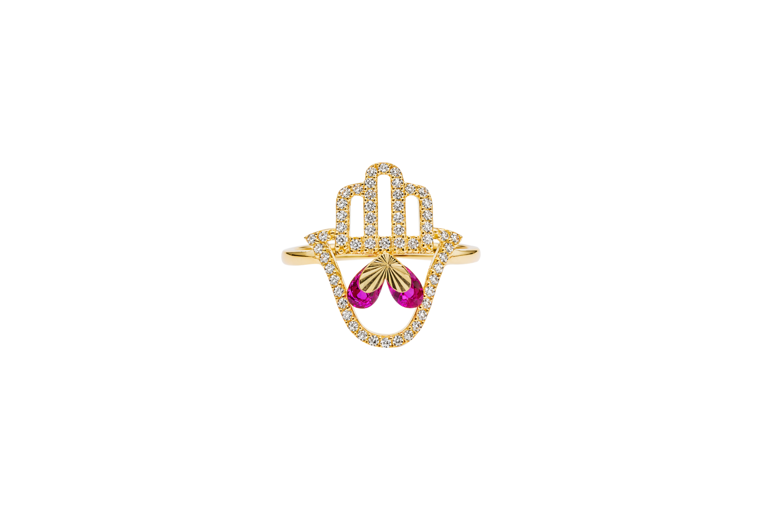 14KT Gold Ring Women's Hand 2 Red Pear Center CZ Stones with White CZ Stones Borders and Plain Band