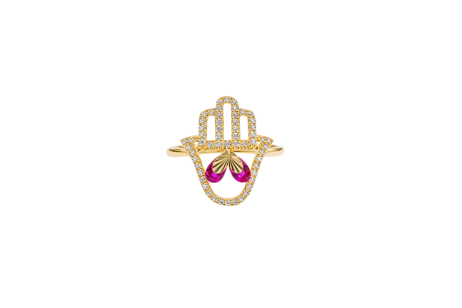 14KT Gold Ring Women's Hand 2 Red Pear Center CZ Stones with White CZ Stones Borders and Plain Band