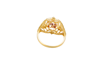 14KT Gold Ring Women's "15" Two Tone Open Western Shape Quinceanera Stripe and Rose Center with Round White CZ Stones Border Plain Band