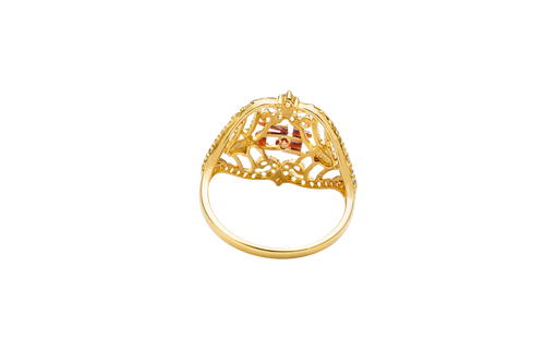 14KT Gold Ring Women's "15" Two Tone Open Western Shape Quinceanera Stripe and Rose Center with Round White CZ Stones Border Plain Band