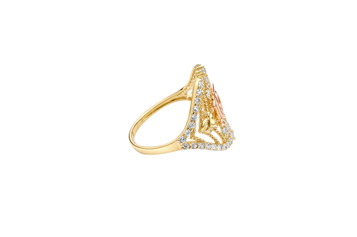 14KT Gold Ring Women's "15" Two Tone Open Western Shape Quinceanera Stripe and Rose Center with Round White CZ Stones Border Plain Band