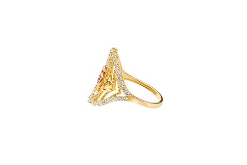 14KT Gold Ring Women's "15" Two Tone Open Western Shape Quinceanera Stripe and Rose Center with Round White CZ Stones Border Plain Band