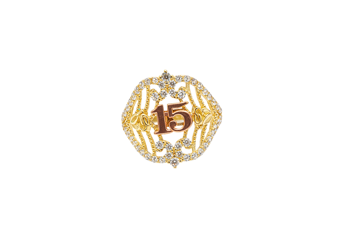 14KT Gold Ring Women's "15" Two Tone Open Western Shape Quinceanera Stripe and Rose Center with Round White CZ Stones Border Plain Band