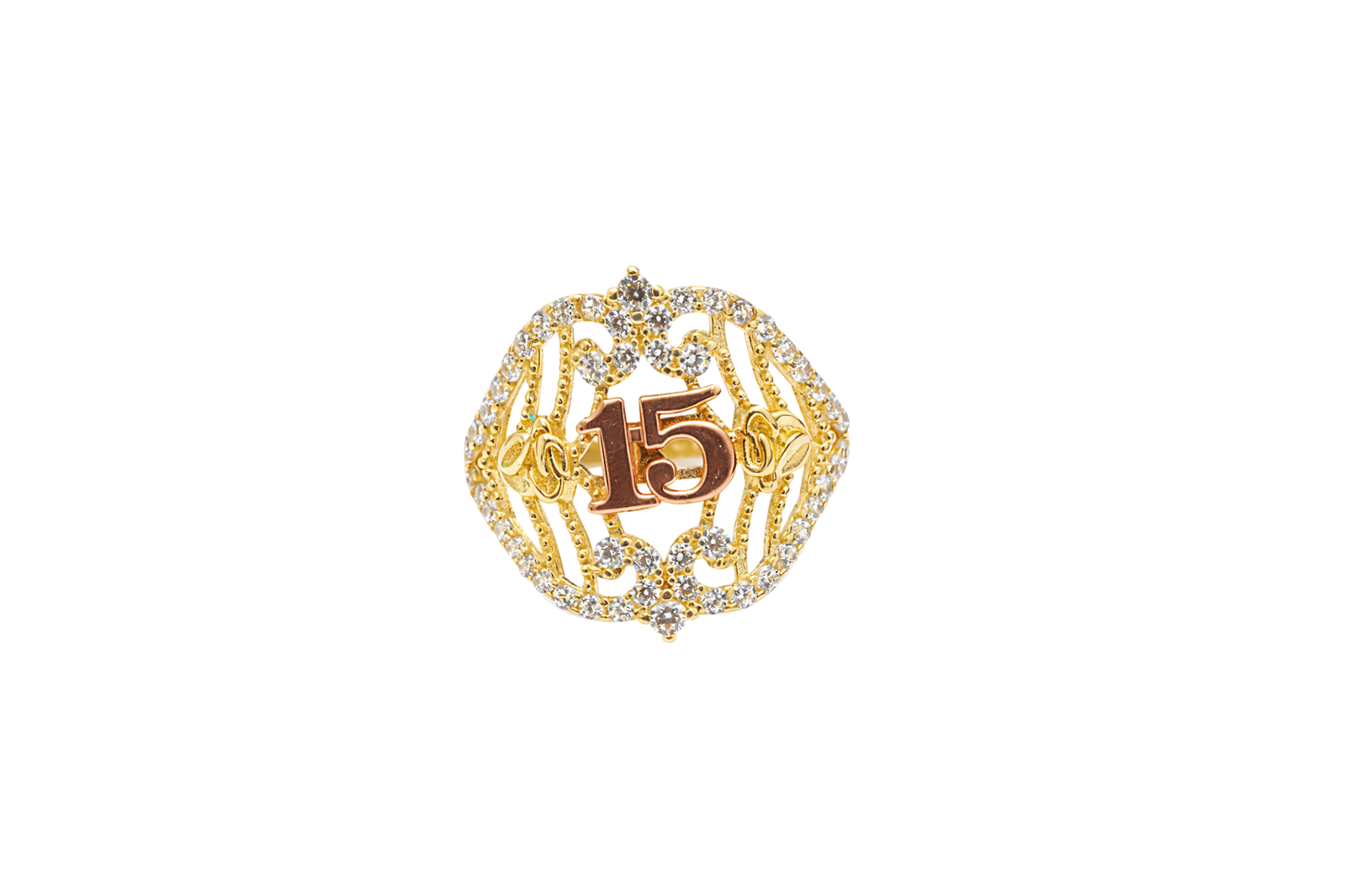 14KT Gold Ring Women's "15" Two Tone Open Western Shape Quinceanera Stripe and Rose Center with Round White CZ Stones Border Plain Band