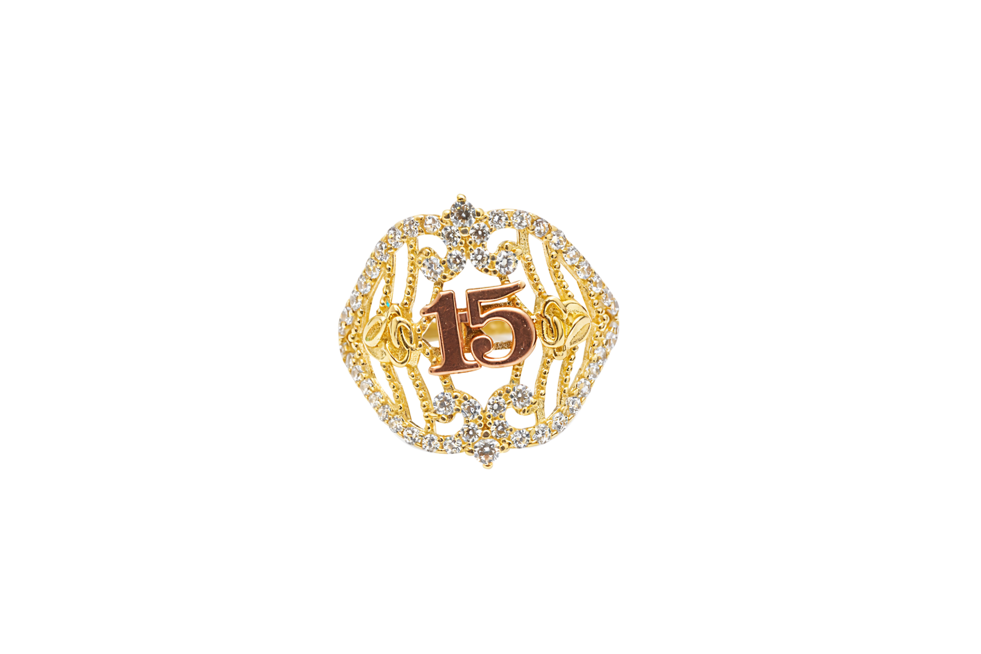 14KT Gold Ring Women's "15" Two Tone Open Western Shape Quinceanera Stripe and Rose Center with Round White CZ Stones Border Plain Band