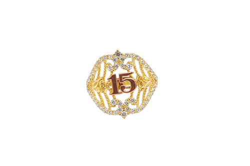14KT Gold Ring Women's "15" Two Tone Open Western Shape Quinceanera Stripe and Rose Center with Round White CZ Stones Border Plain Band
