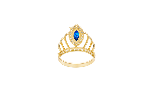14KT Gold Ring Women's "15" Quincenaera Two Tone Navy Blue Marquise CZ Center Stone Tall Tiara with White CZ Stones Band