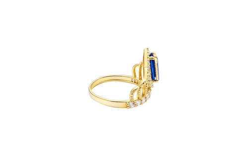 14KT Gold Ring Women's "15" Quincenaera Two Tone Navy Blue Marquise CZ Center Stone Tall Tiara with White CZ Stones Band