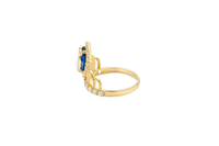 14KT Gold Ring Women's "15" Quincenaera Two Tone Navy Blue Marquise CZ Center Stone Tall Tiara with White CZ Stones Band
