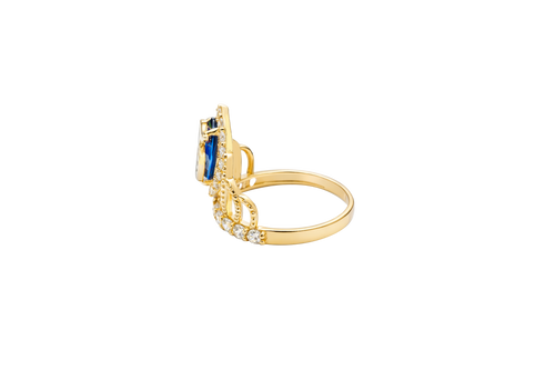 14KT Gold Ring Women's "15" Quincenaera Two Tone Navy Blue Marquise CZ Center Stone Tall Tiara with White CZ Stones Band