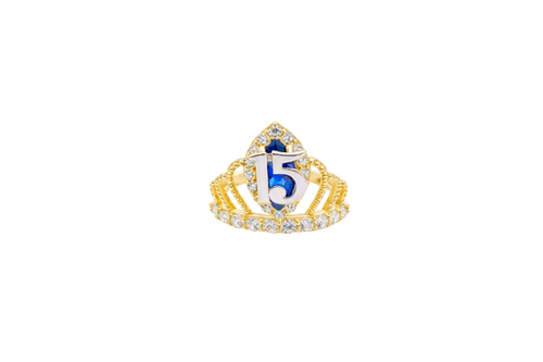 14KT Gold Ring Women's "15" Quincenaera Two Tone Navy Blue Marquise CZ Center Stone Tall Tiara with White CZ Stones Band