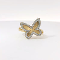 14KT Gold Ring Women's Two Tone Butterfly Shape with White CZ Stones Outline and Plain Split Band