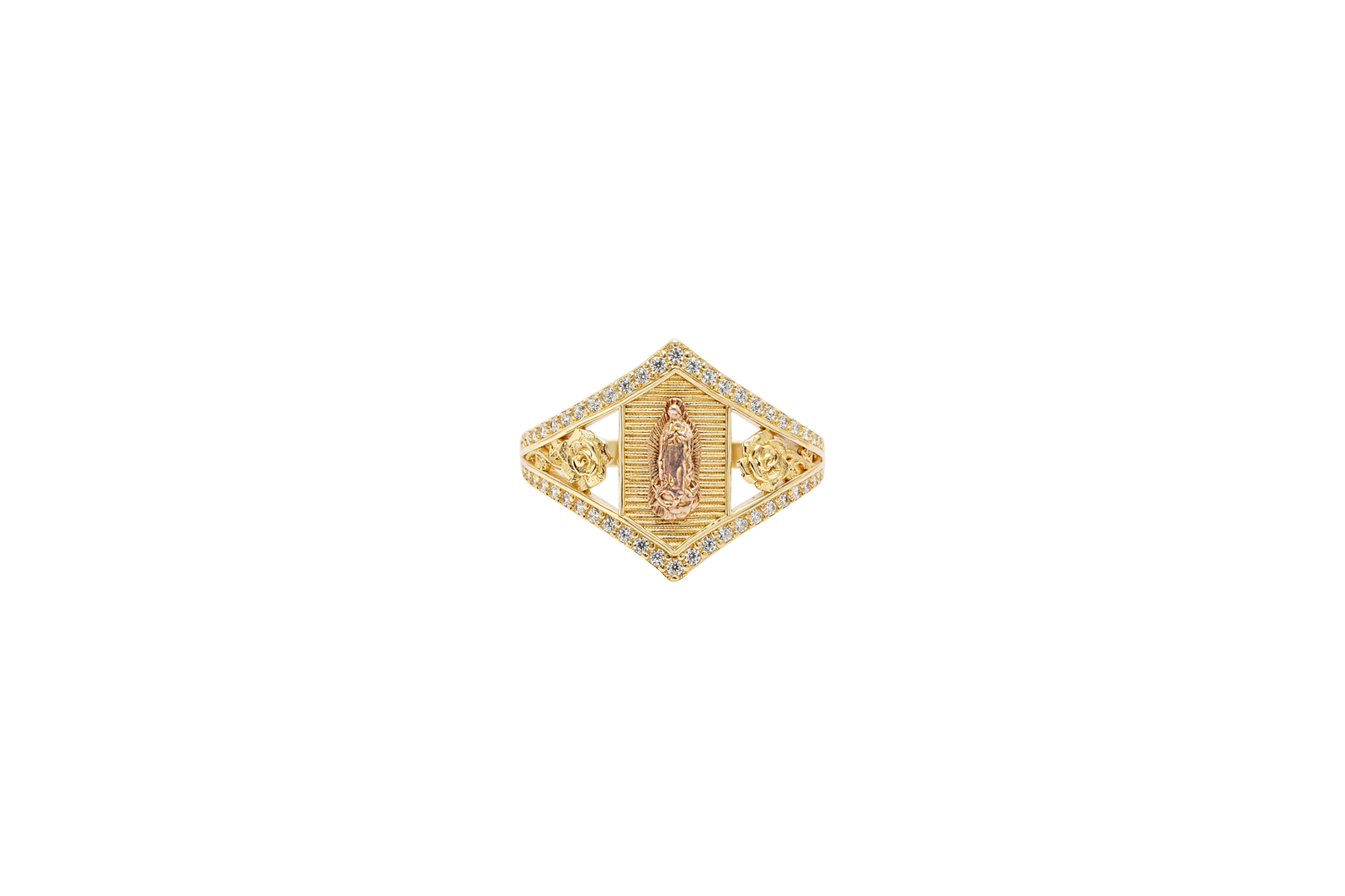 14KT Gold Ring Women's Two Tone Hexagon Coin Virgin Mary with Striped Background with Two Roses Between White CZ Stone Split Band Pointy Border