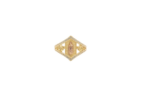 14KT Gold Ring Women's Two Tone Hexagon Coin Virgin Mary with Striped Background with Two Roses Between White CZ Stone Split Band Pointy Border