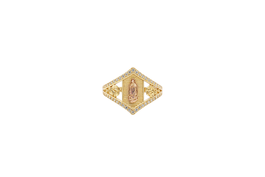 14KT Gold Ring Women's Two Tone Hexagon Coin Virgin Mary with Striped Background with Two Roses Between White CZ Stone Split Band Pointy Border