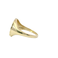 14KT Gold Ring Women's Two Tone Round Medusa Head Center with White CZ Stones Background and Greek Border on Each Side Plain Band