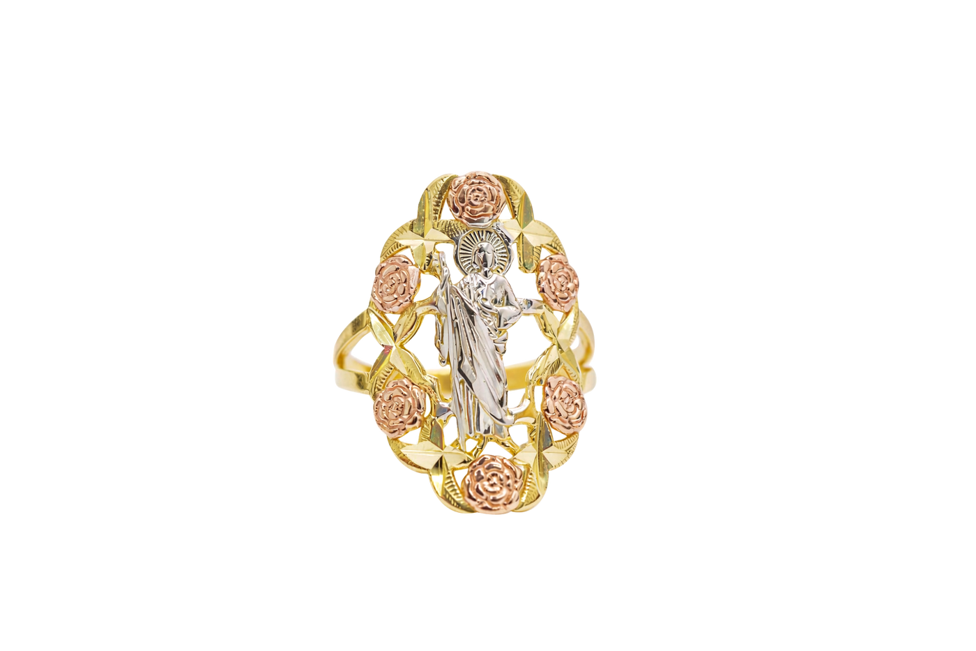 14KT Gold Ring Women's Tri Tone Roses St Jude Spilt Band