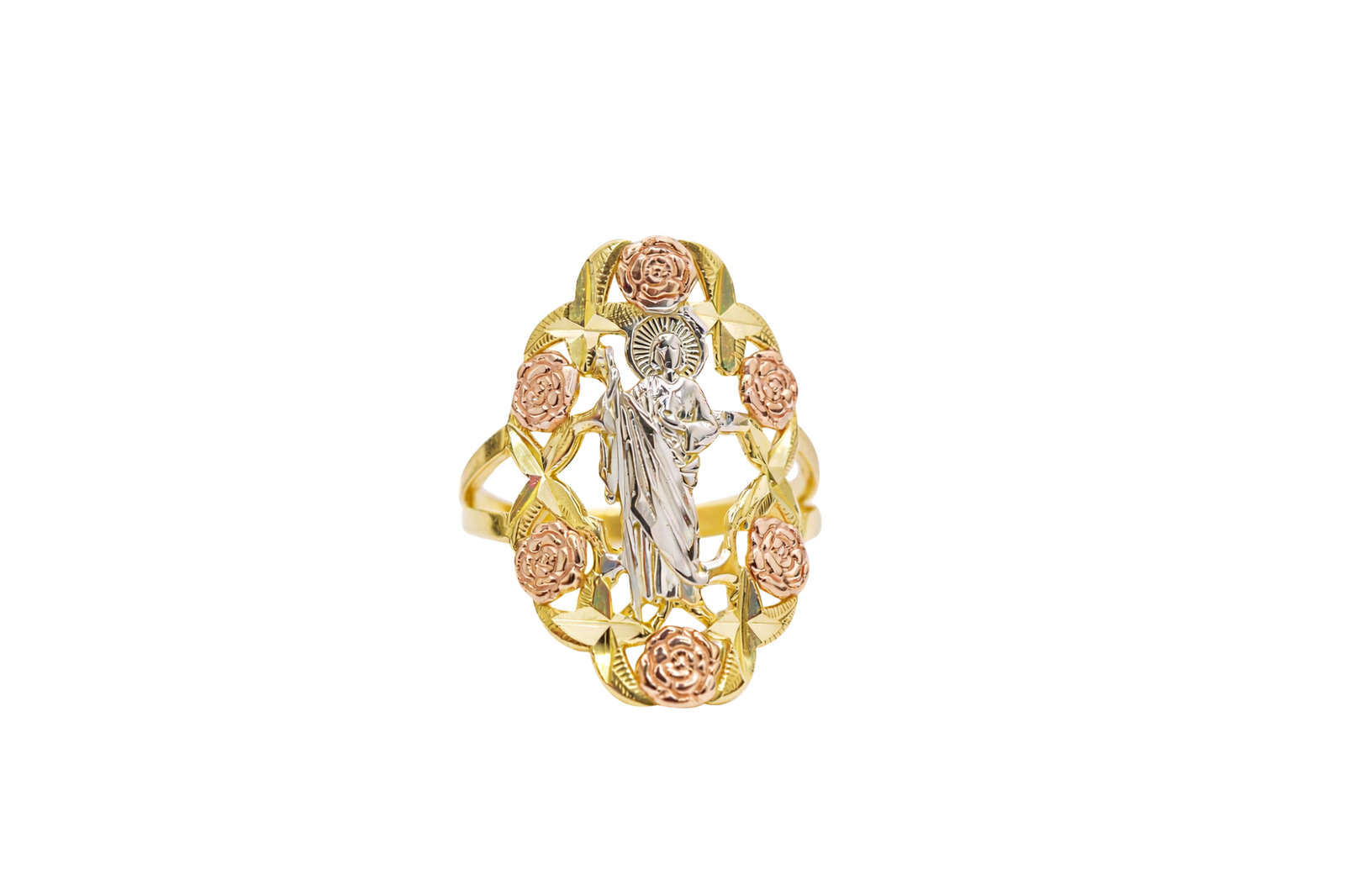 14KT Gold Ring Women's Tri Tone Roses St Jude Spilt Band