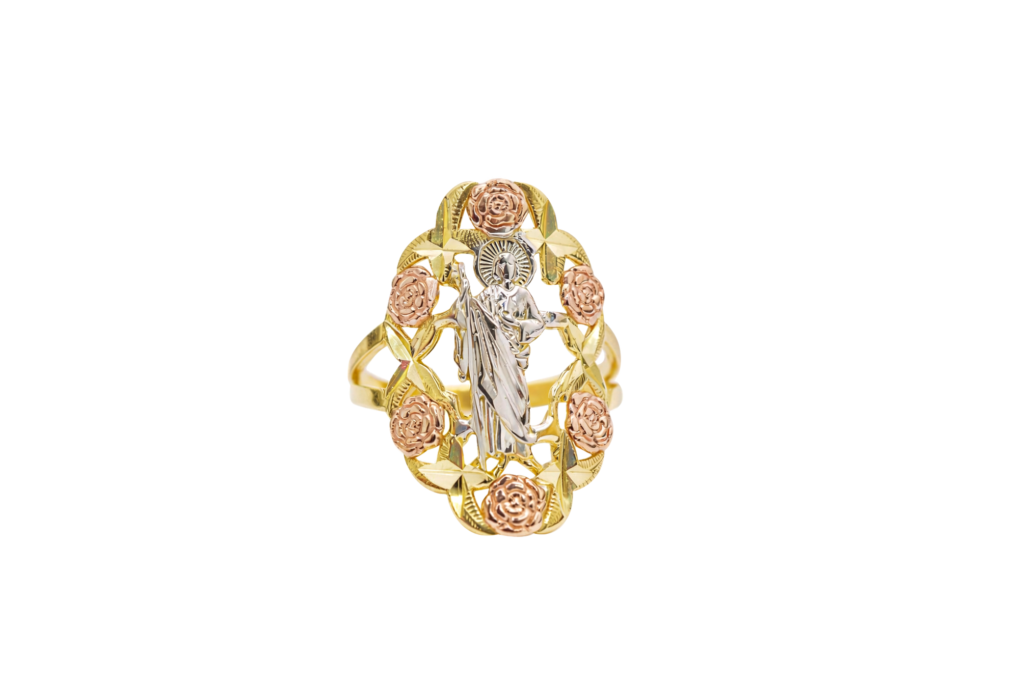 14KT Gold Ring Women's Tri Tone Roses St Jude Spilt Band