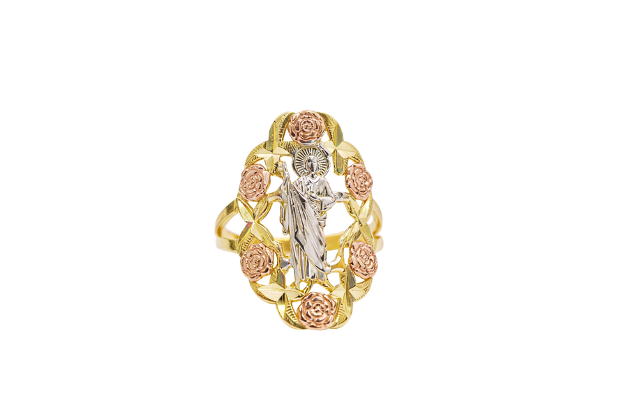 14KT Gold Ring Women's Tri Tone Roses St Jude Spilt Band