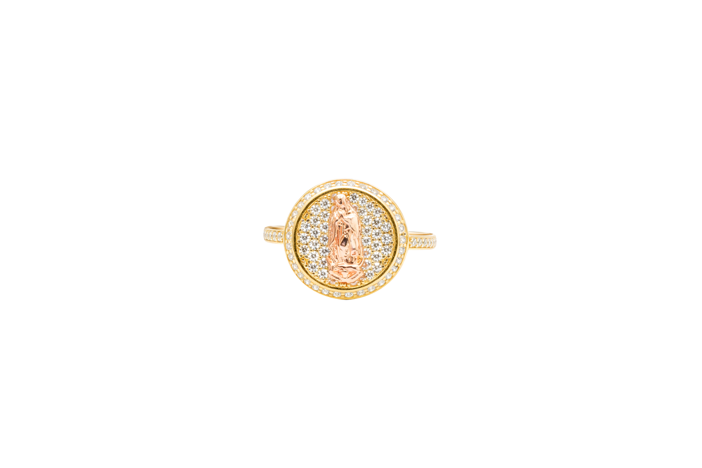14KT Gold Ring Women's Round Two Tone Virgin Mary White CZ Center with Plain Border White CZ Stone Edge and Band
