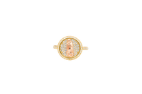 14KT Gold Ring Women's Round Two Tone Virgin Mary White CZ Center with Plain Border White CZ Stone Edge and Band