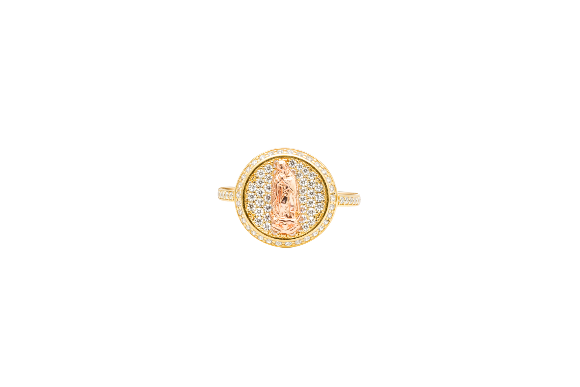 14KT Gold Ring Women's Round Two Tone Virgin Mary White CZ Center with Plain Border White CZ Stone Edge and Band