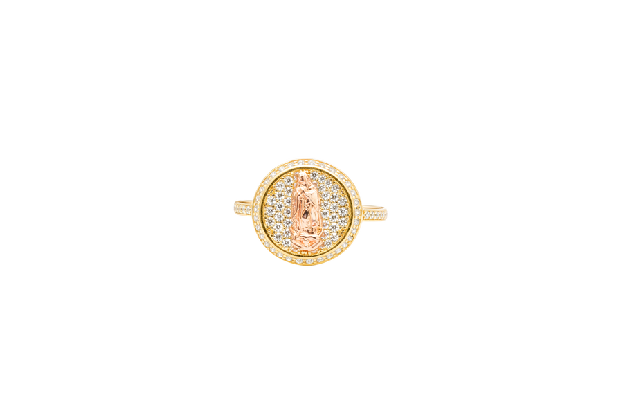 14KT Gold Ring Women's Round Two Tone Virgin Mary White CZ Center with Plain Border White CZ Stone Edge and Band
