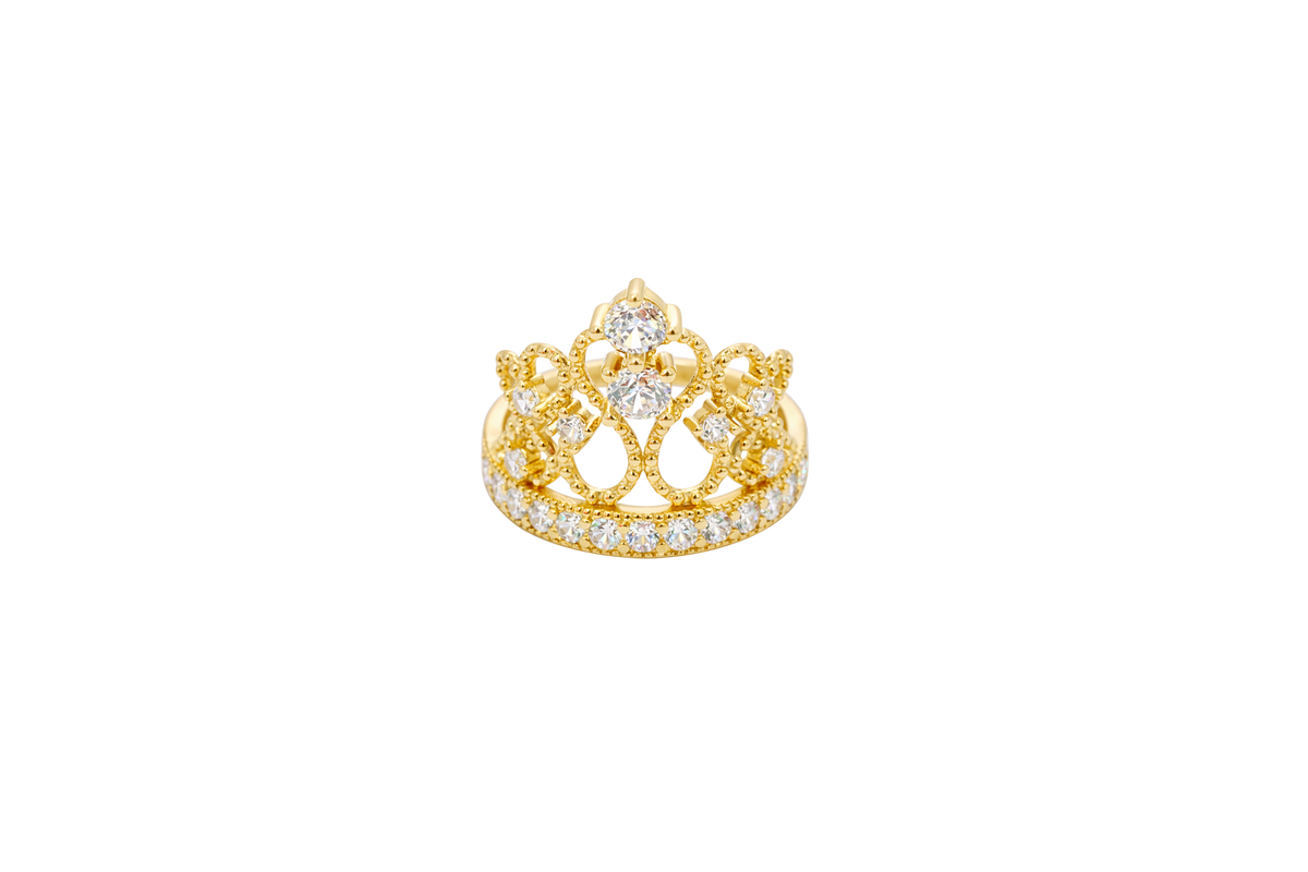 14KT Gold Ring Women's Royal Tiara with Two White CZ Center Top Stones and Six White CZ Side Stones and CZ Stone Band