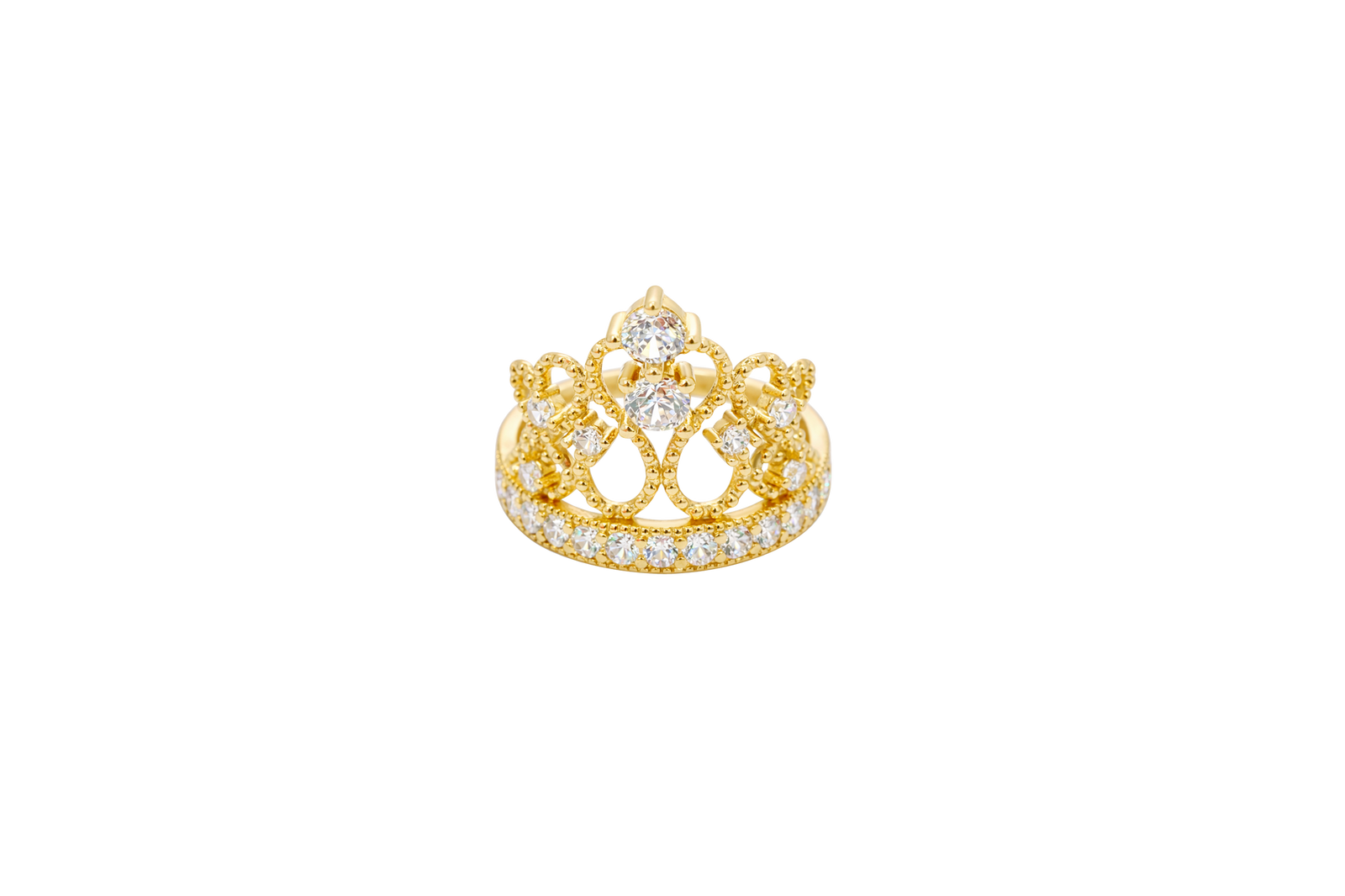 14KT Gold Ring Women's Royal Tiara with Two White CZ Center Top Stones and Six White CZ Side Stones and CZ Stone Band
