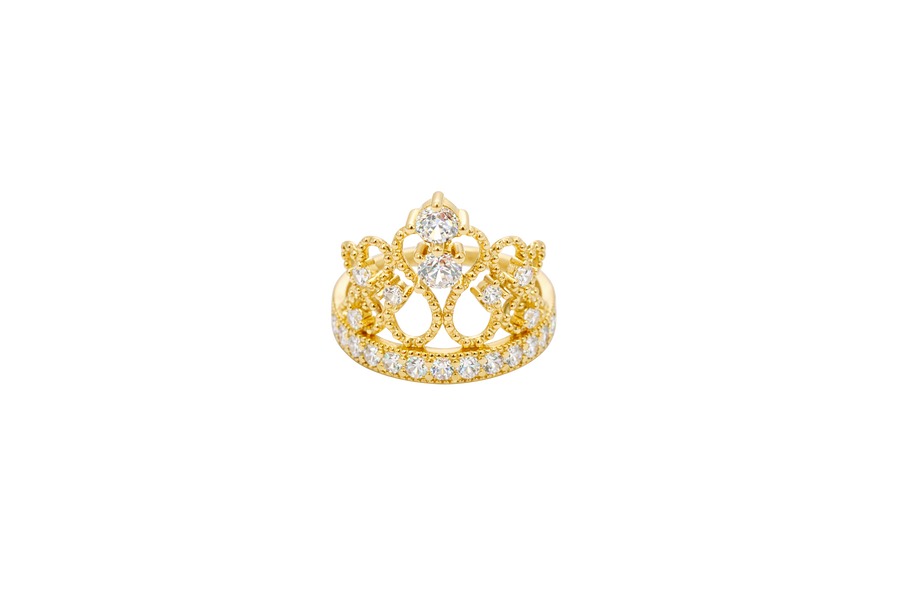 14KT Gold Ring Women's Royal Tiara with Two White CZ Center Top Stones and Six White CZ Side Stones and CZ Stone Band