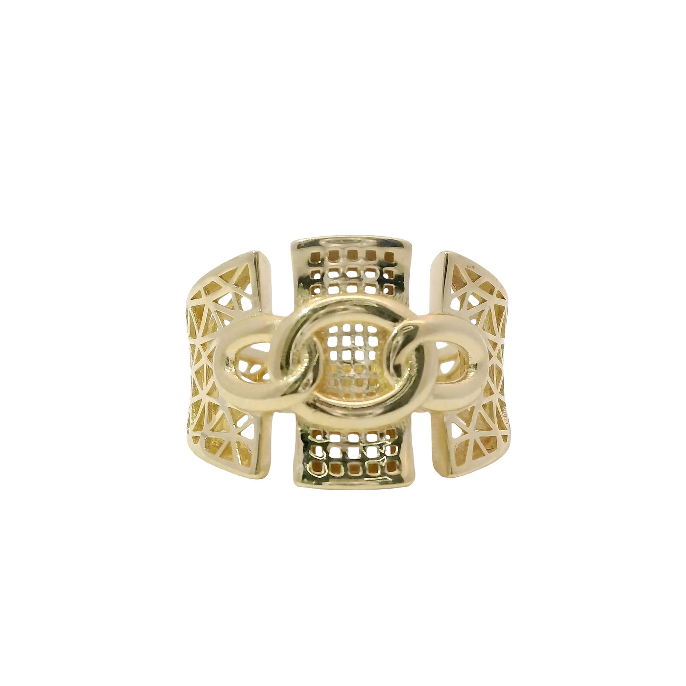 14KT Gold Ring Women's Abstract Three Chain Links/Three Section Split Band Design Triangle Cutout Band