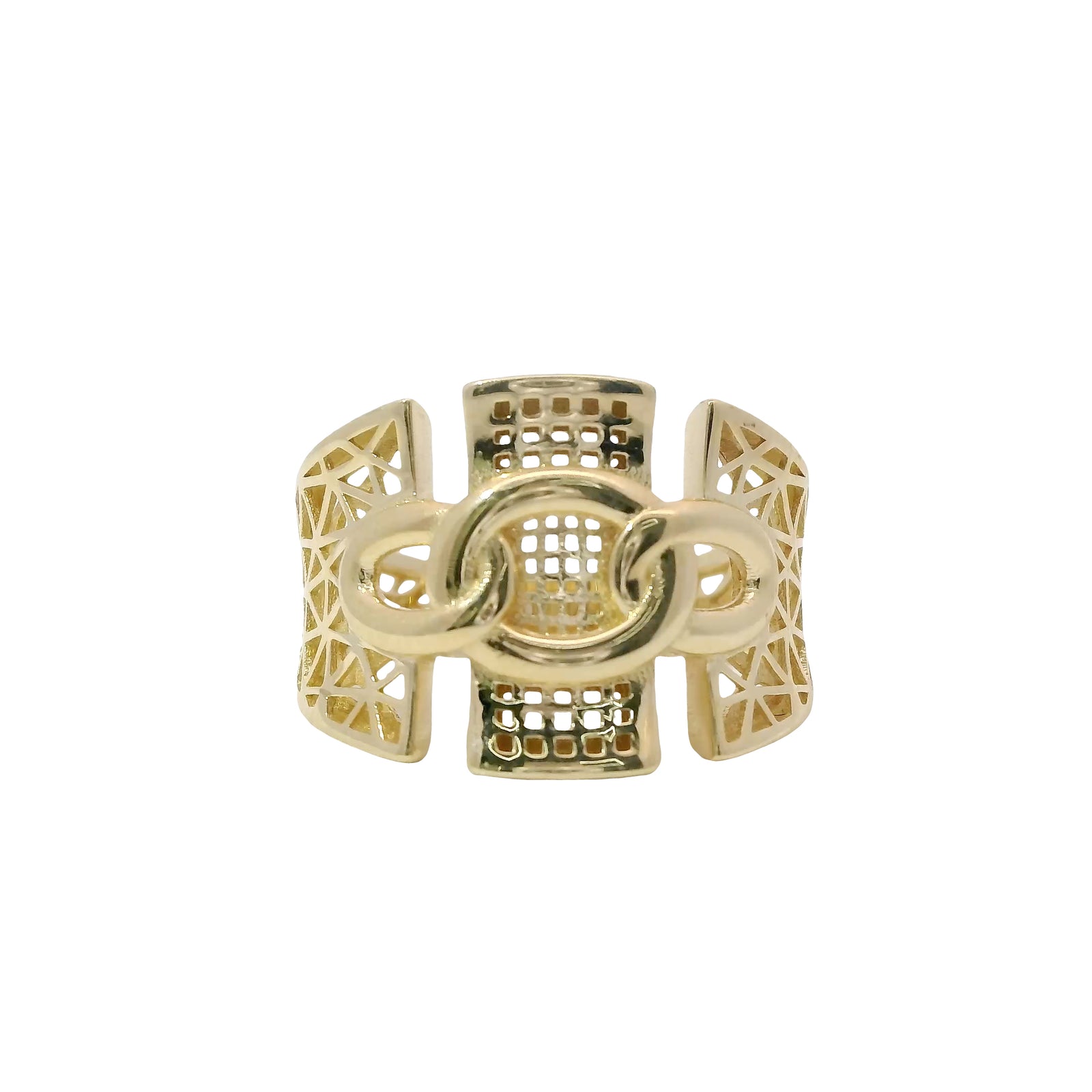 14KT Gold Ring Women's Abstract Three Chain Links/Three Section Split Band Design Triangle Cutout Band