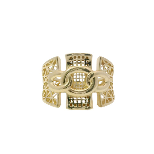 14KT Gold Ring Women's Abstract Three Chain Links/Three Section Split Band Design Triangle Cutout Band